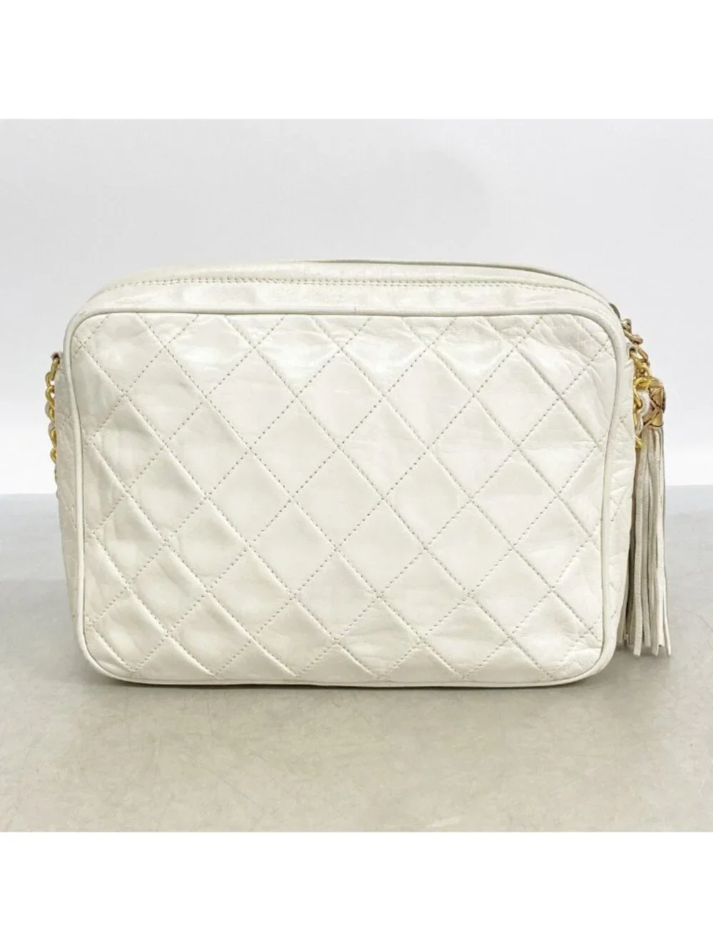 Chanel Shoulder Bag Quilted Lambskin White Gold